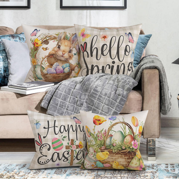Easter Pillow Covers 18x18 Set of 4 with Bunny and Eggs Spring Home Decor Buffalo Check Plaid Pillowcase