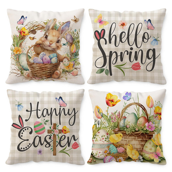Easter Pillow Covers 18x18 Set of 4 with Bunny and Eggs Spring Home Decor Buffalo Check Plaid Pillowcase