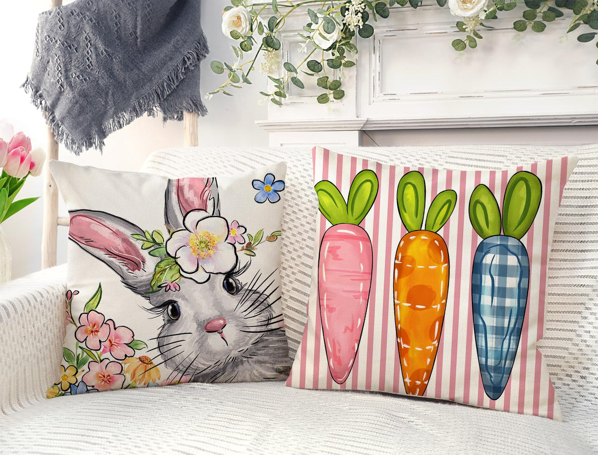 Easter Pillow Covers 18x18 Set of 4, Happy Bunny Carrots Eggs Flowers