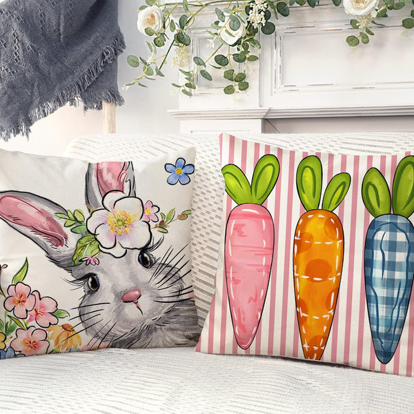 Easter Pillow Covers 18x18 Set of 4, Happy Bunny Carrots Eggs Flowers