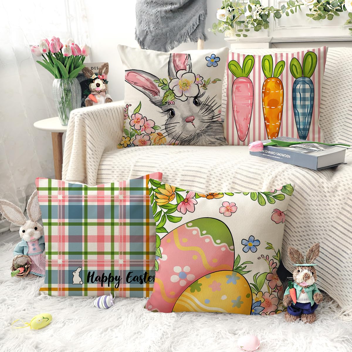 Easter Pillow Covers 18x18 Set of 4, Happy Bunny Carrots Eggs Flowers