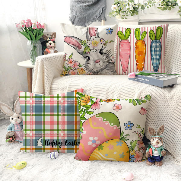 Easter Pillow Covers 18x18 Set of 4, Happy Bunny Carrots Eggs Flowers