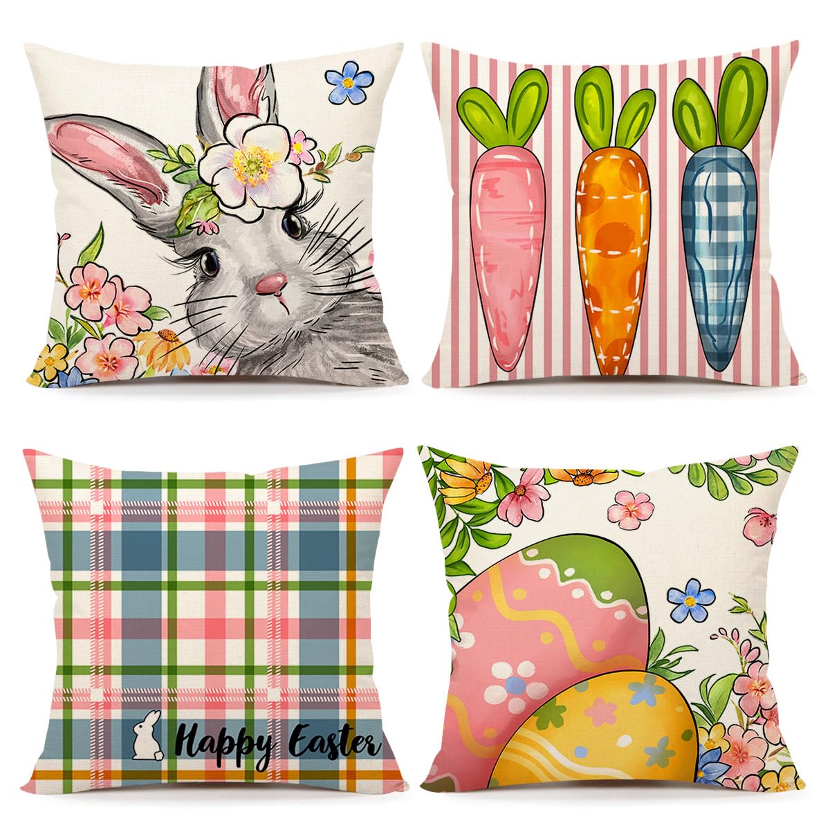 Easter Pillow Covers 18x18 Set of 4, Happy Bunny Carrots Eggs Flowers