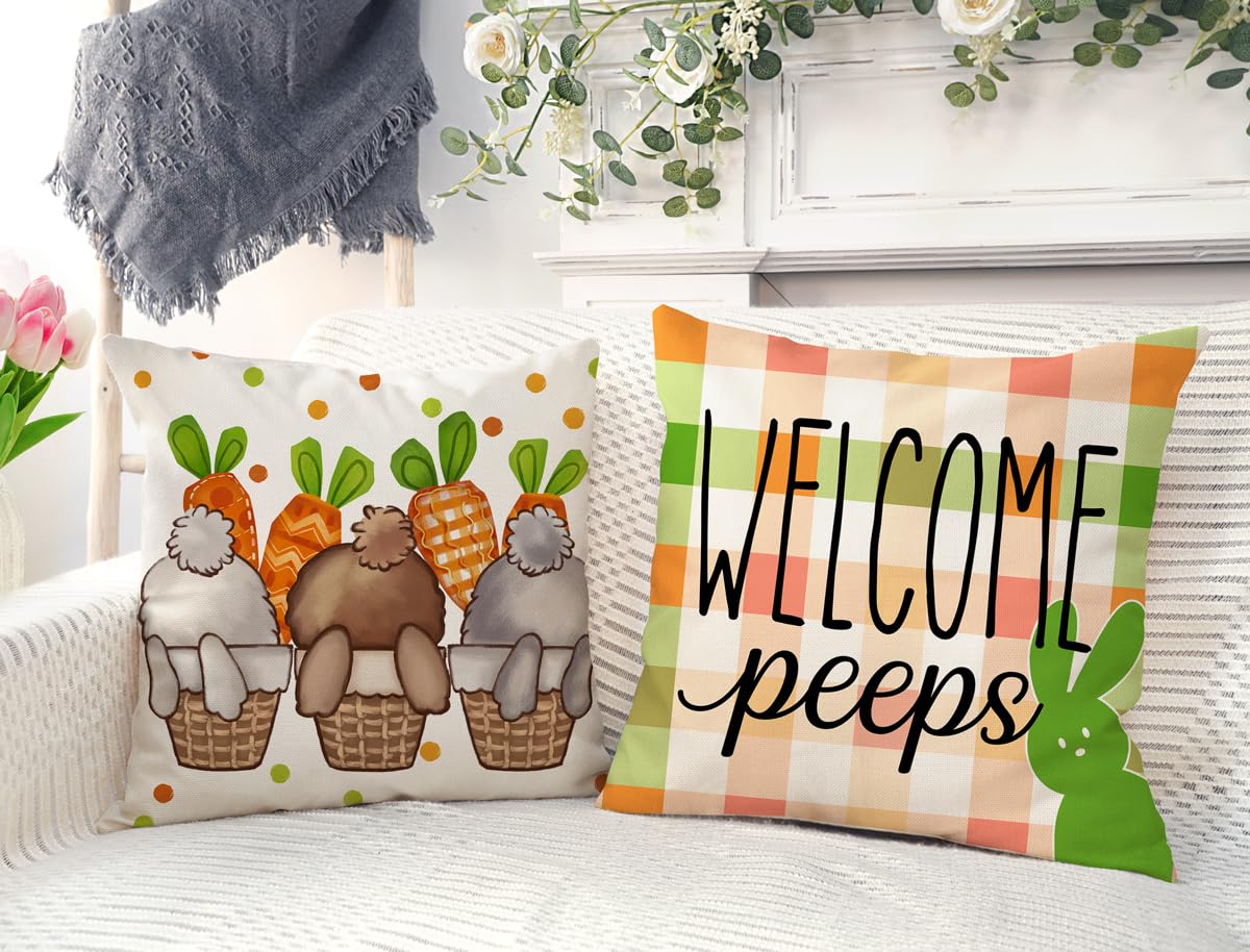Easter Pillow Covers 18x18 Set of 4, Welcome Peeps Bunny Carrots