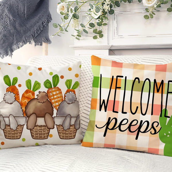 Easter Pillow Covers 18x18 Set of 4, Welcome Peeps Bunny Carrots