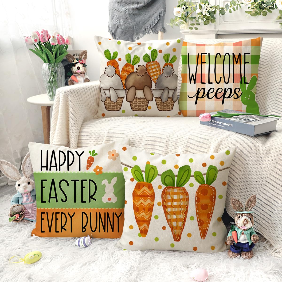 Easter Pillow Covers 18x18 Set of 4, Welcome Peeps Bunny Carrots