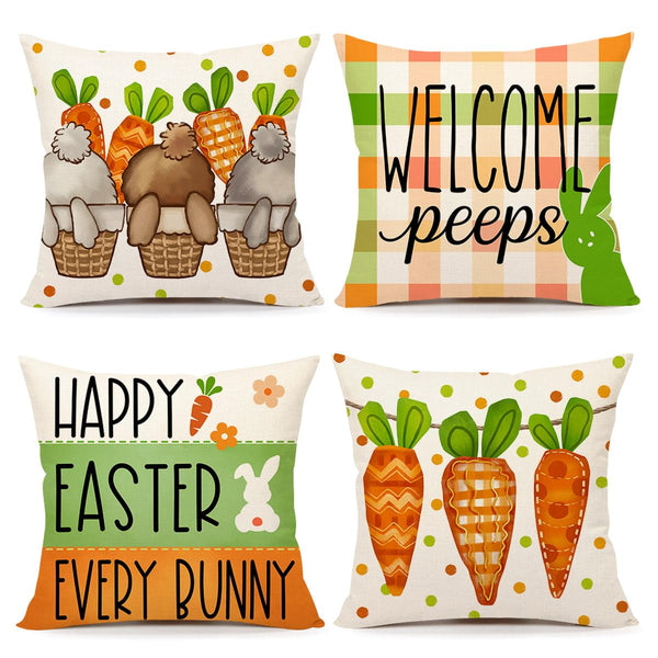 Easter Pillow Covers 18x18 Set of 4, Welcome Peeps Bunny Carrots