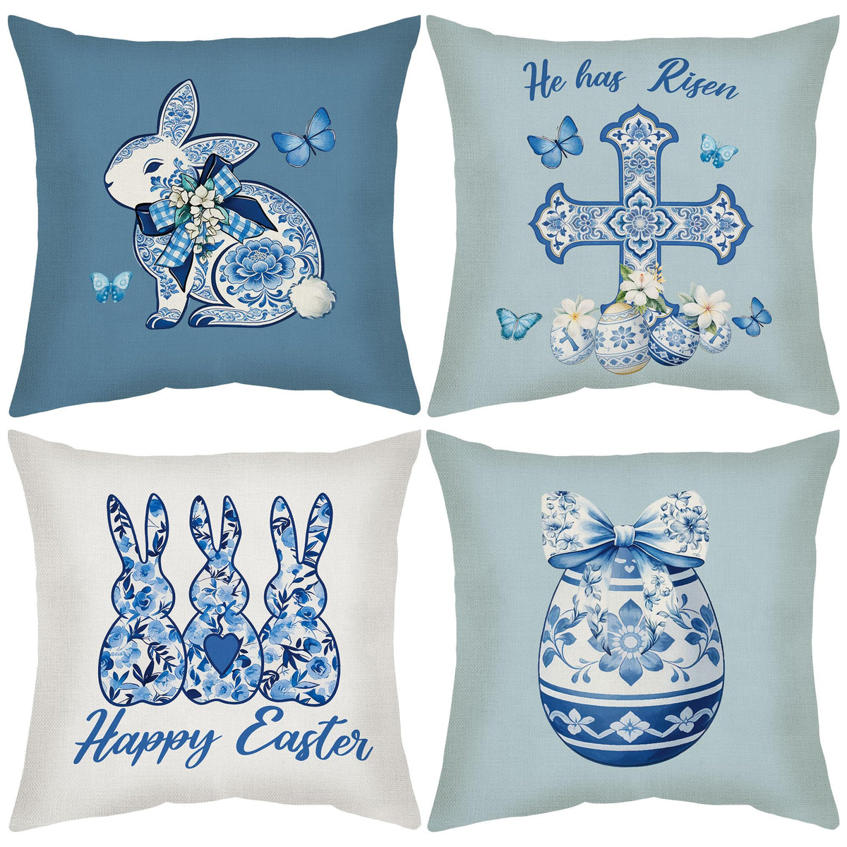 Easter Pillow Covers 18 x 18, 4 Pcs Blue &amp; White Chinoiserie Throw Pillow Cases, Porcelain Style