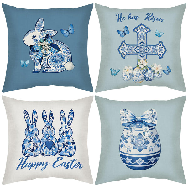 Easter Pillow Covers 18 x 18, 4 Pcs Blue &amp; White Chinoiserie Throw Pillow Cases, Porcelain Style