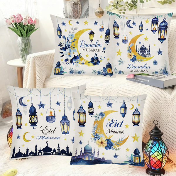 Ramadan Pillow Covers 18 x 18, 4 Pcs Blue and Gold Moon Floral Throw Pillow Cases