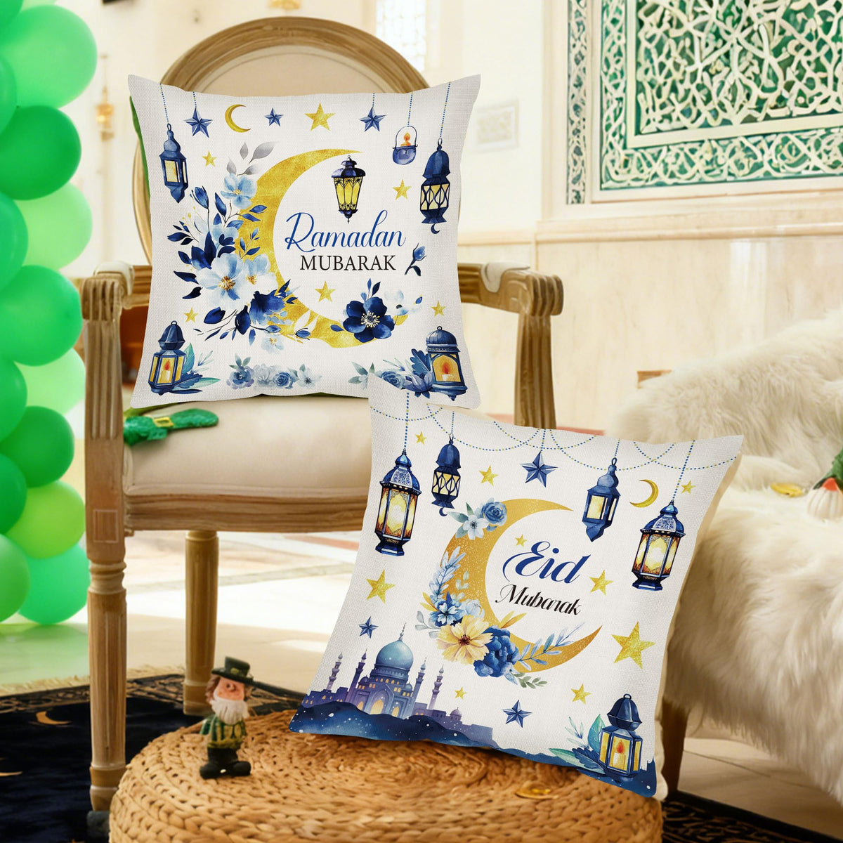 Ramadan Pillow Covers 18 x 18, 4 Pcs Blue and Gold Moon Floral Throw Pillow Cases
