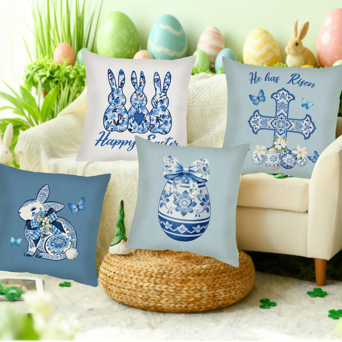 Easter Pillow Covers 18 x 18, 4 Pcs Blue &amp; White Chinoiserie Throw Pillow Cases, Porcelain Style