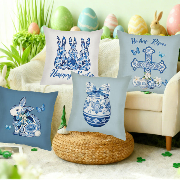 Easter Pillow Covers 18 x 18, 4 Pcs Blue &amp; White Chinoiserie Throw Pillow Cases, Porcelain Style
