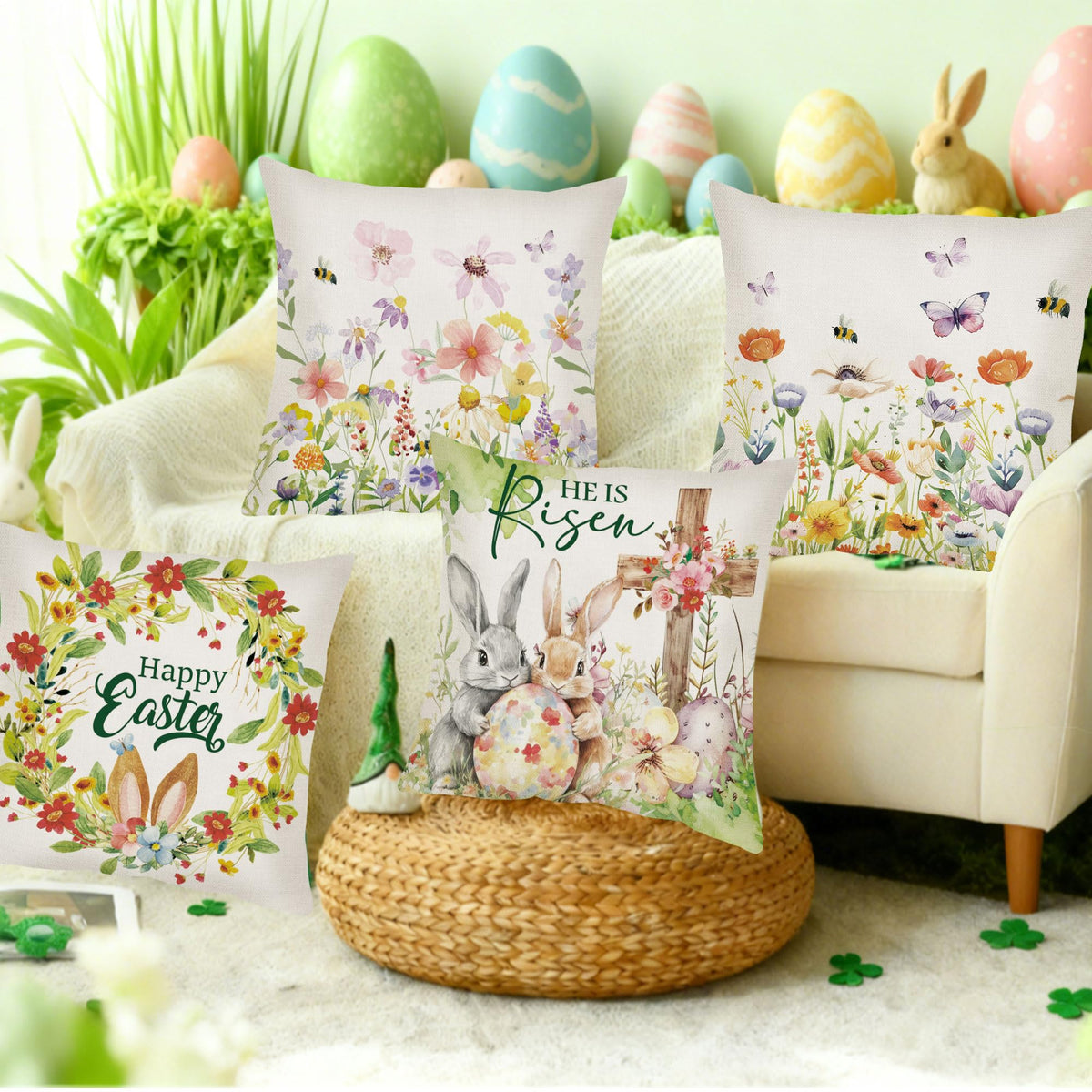 Easter Pillow Covers 18 x 18, 4 Pcs Bunny Throw Pillow Cases, Spring Flower Egg