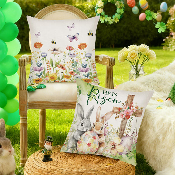 Easter Pillow Covers 18 x 18, 4 Pcs Bunny Throw Pillow Cases, Spring Flower Egg