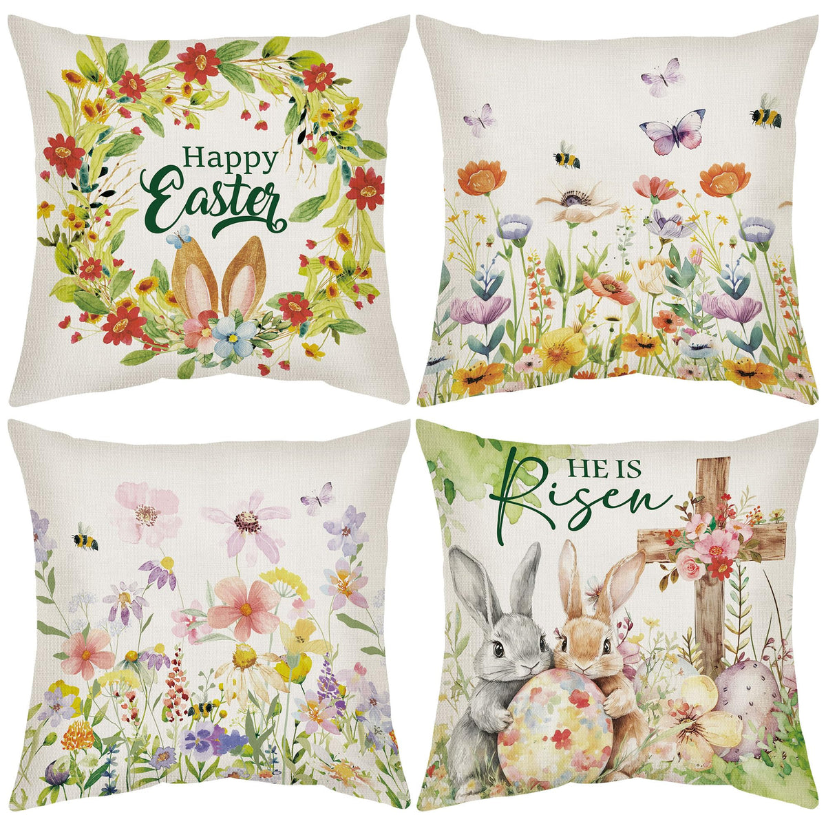 Easter Pillow Covers 18 x 18, 4 Pcs Bunny Throw Pillow Cases, Spring Flower Egg