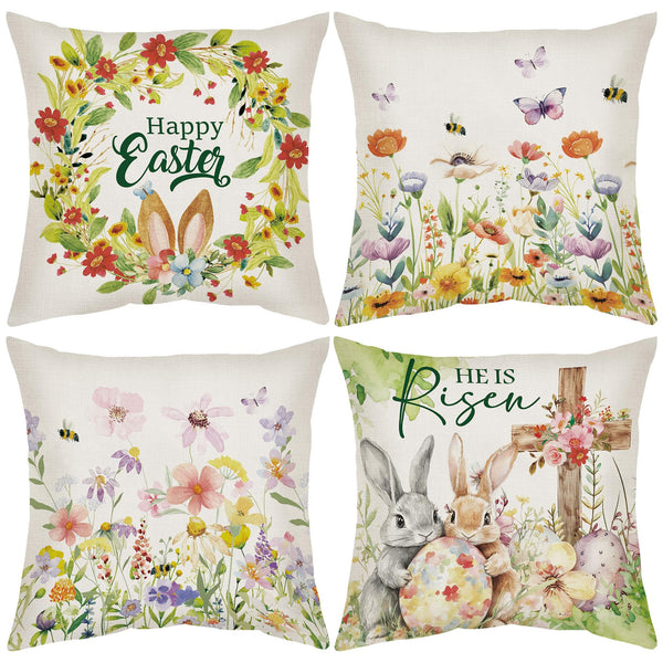Easter Pillow Covers 18 x 18, 4 Pcs Bunny Throw Pillow Cases, Spring Flower Egg
