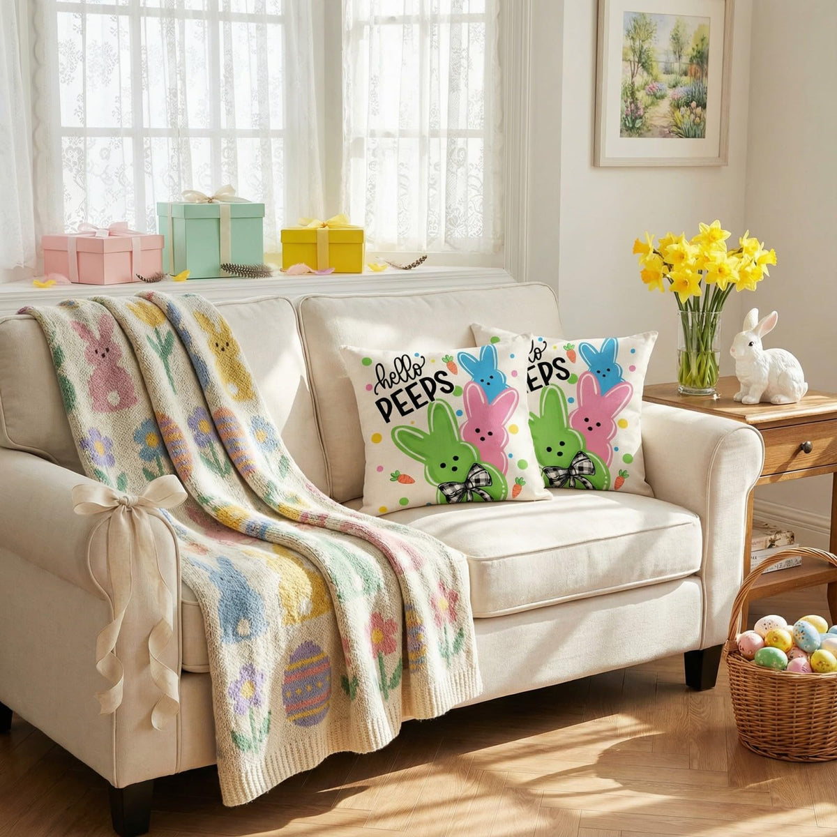 Outdoor Waterproof Easter Pillow Covers Set of 2-18x18 Inch Farmhouse Decor with Bunnies