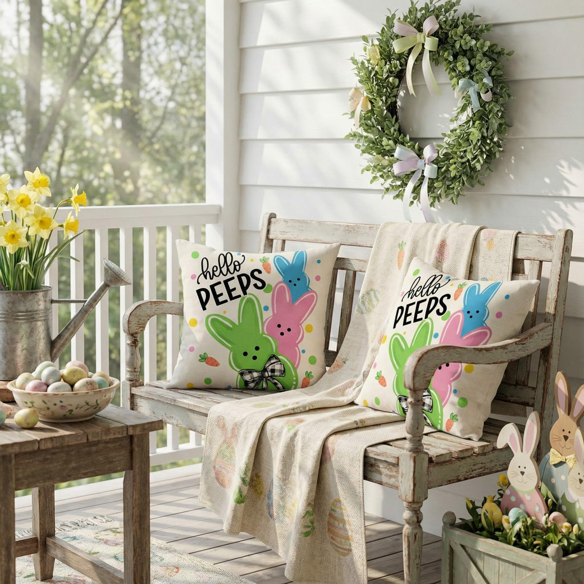Outdoor Waterproof Easter Pillow Covers Set of 2-18x18 Inch Farmhouse Decor with Bunnies