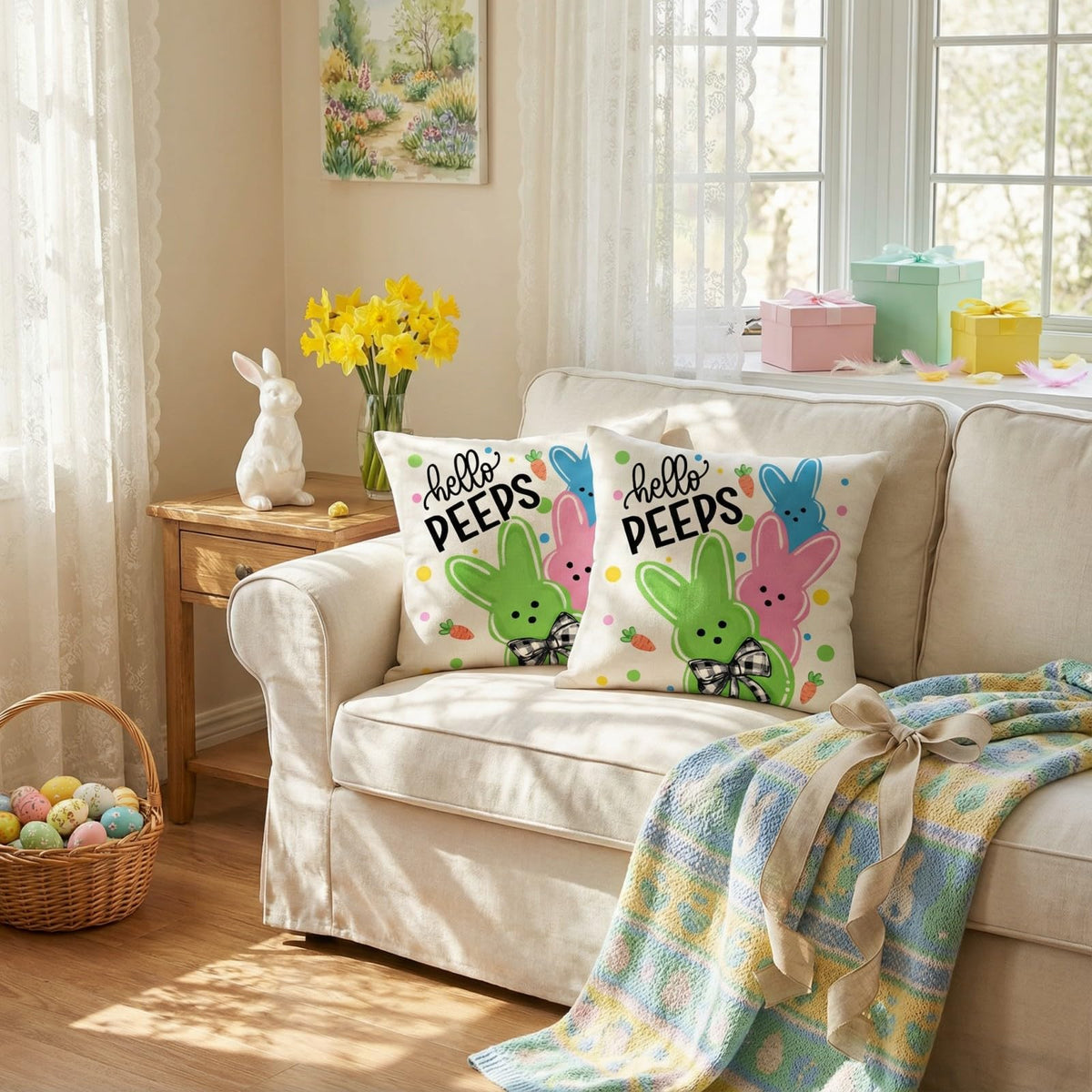 Outdoor Waterproof Easter Pillow Covers Set of 2-18x18 Inch Farmhouse Decor with Bunnies