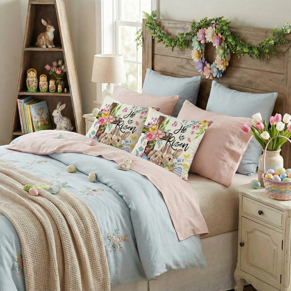Outdoor Waterproof Easter Pillow Covers Set of 2-18x18 Inch Farmhouse Decor with Bunnies, Eggs, Floral