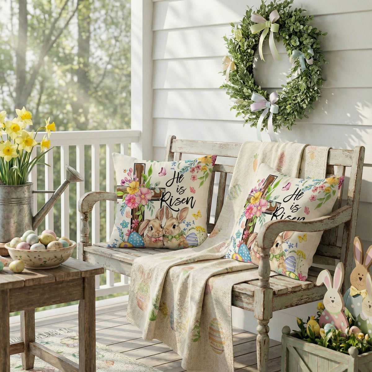 Outdoor Waterproof Easter Pillow Covers Set of 2-18x18 Inch Farmhouse Decor with Bunnies, Eggs, Floral