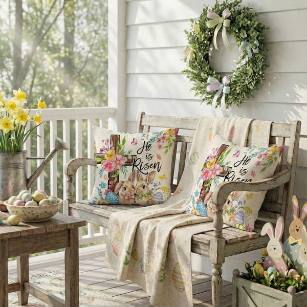 Outdoor Waterproof Easter Pillow Covers Set of 2-18x18 Inch Farmhouse Decor with Bunnies, Eggs, Floral