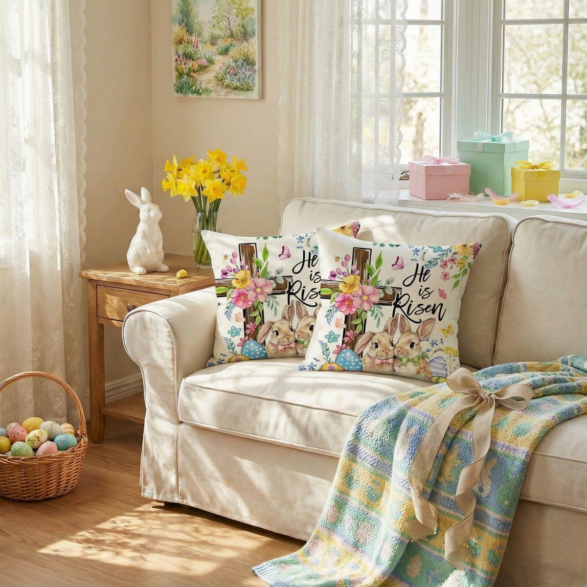 Outdoor Waterproof Easter Pillow Covers Set of 2-18x18 Inch Farmhouse Decor with Bunnies, Eggs, Floral