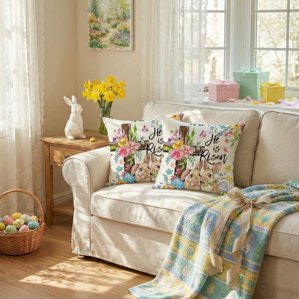 Outdoor Waterproof Easter Pillow Covers Set of 2-18x18 Inch Farmhouse Decor with Bunnies, Eggs, Floral