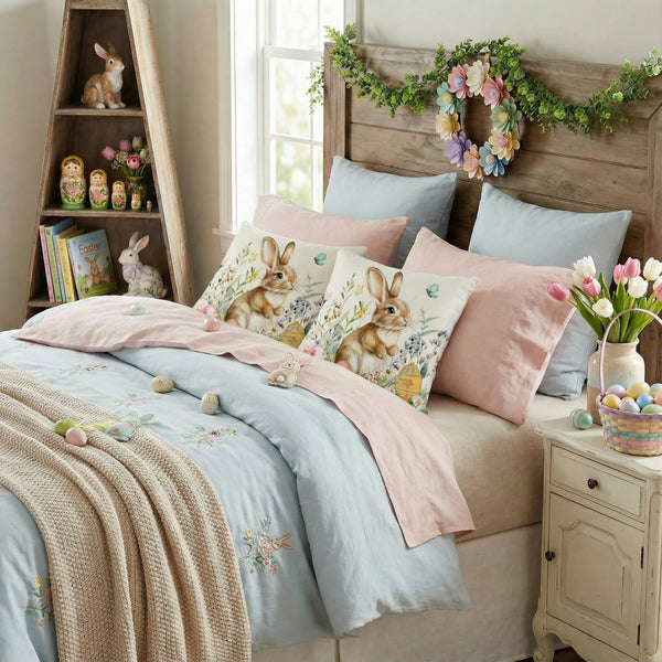 Outdoor Waterproof Easter Pillow Covers Set of 2-18x18 Inch Farmhouse Decor with Bunny, Eggs,Floral