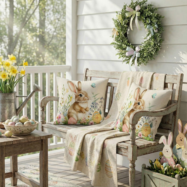 Outdoor Waterproof Easter Pillow Covers Set of 2-18x18 Inch Farmhouse Decor with Bunny, Eggs,Floral
