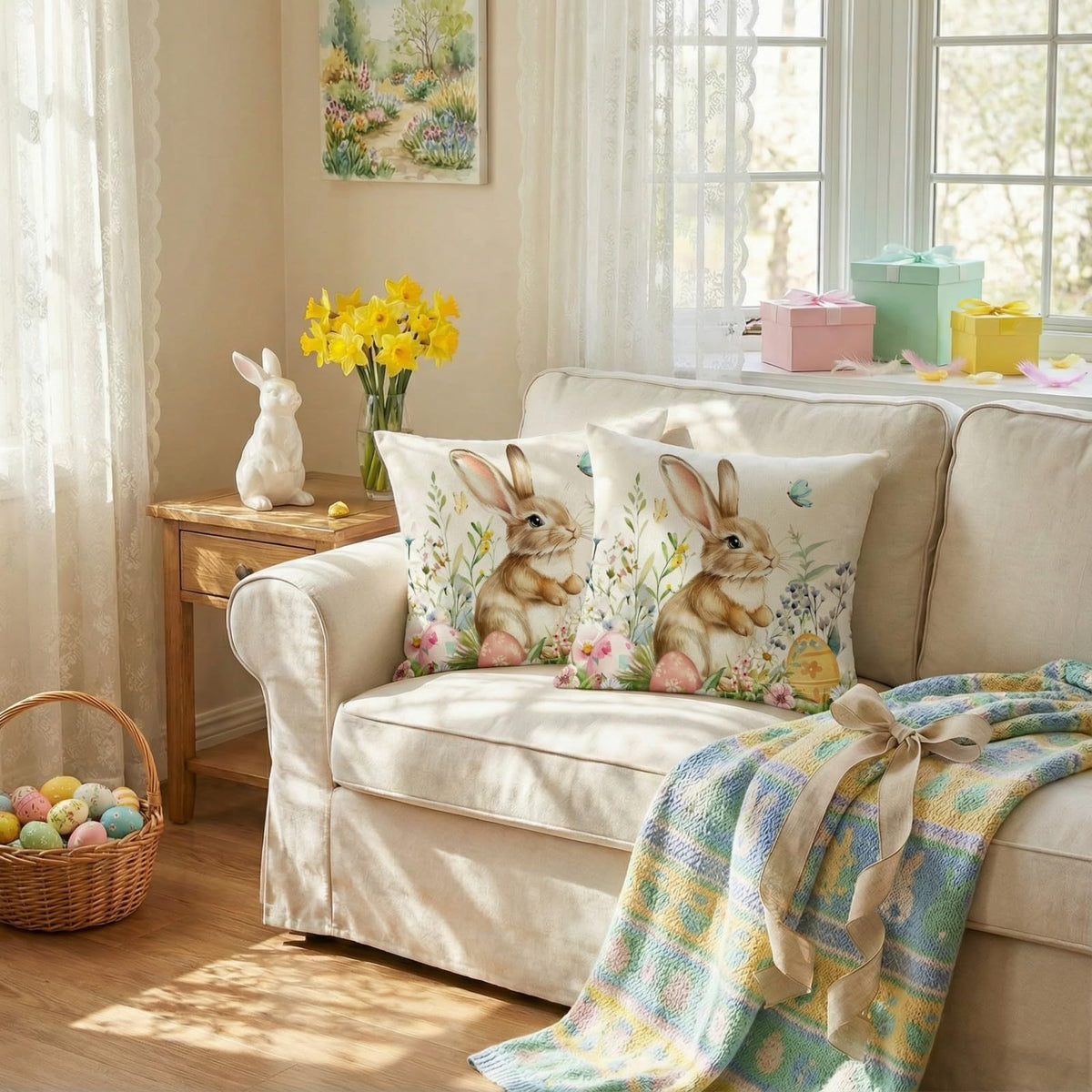 Outdoor Waterproof Easter Pillow Covers Set of 2-18x18 Inch Farmhouse Decor with Bunny, Eggs,Floral