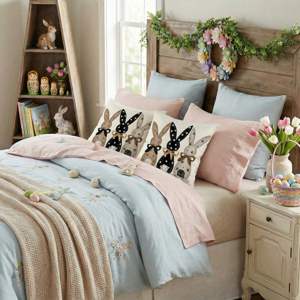 Outdoor Waterproof Easter Pillow Covers Set of 2-18x18 Inch Farmhouse Decor with Bunnies