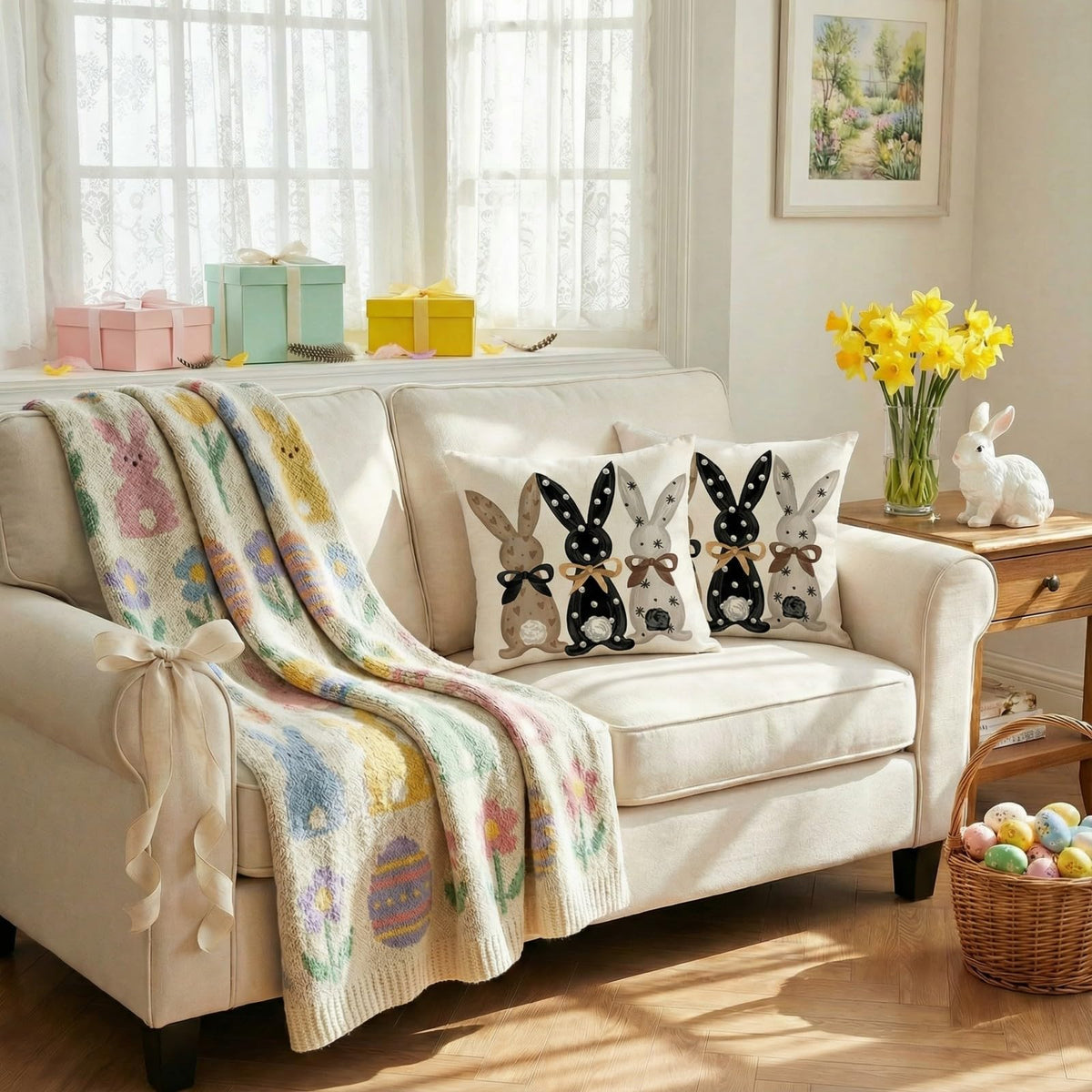 Outdoor Waterproof Easter Pillow Covers Set of 2-18x18 Inch Farmhouse Decor with Bunnies