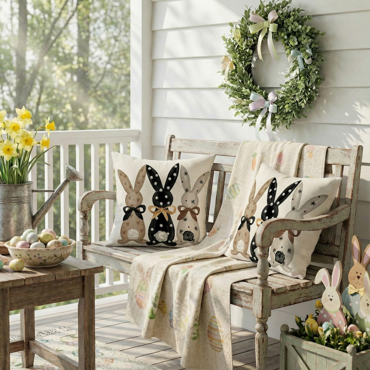 Outdoor Waterproof Easter Pillow Covers Set of 2-18x18 Inch Farmhouse Decor with Bunnies