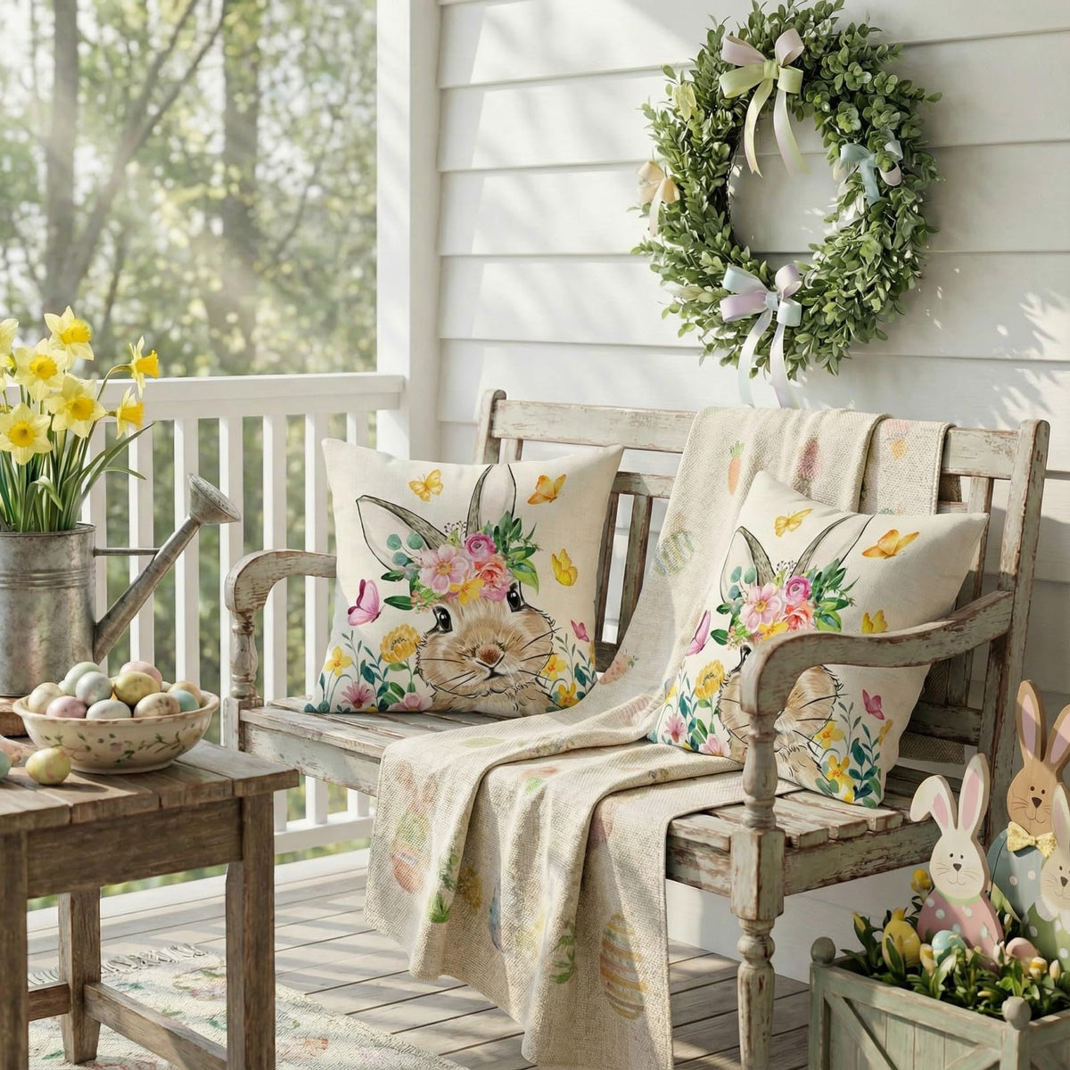 Waterproof Easter Pillow Covers Set of 2-18x18 Inch Farmhouse Decor with Bunny, Floral
