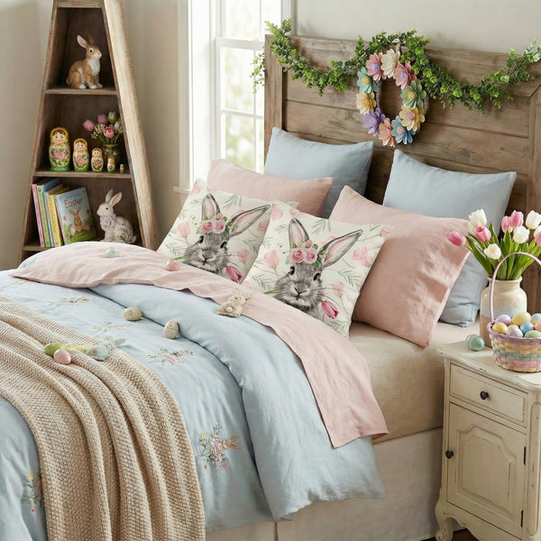 Waterproof Easter Pillow Covers Set of 2-18x18 Inch Farmhouse Decor with Bunny, Tulips