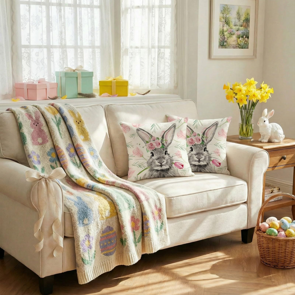 Waterproof Easter Pillow Covers Set of 2-18x18 Inch Farmhouse Decor with Bunny, Tulips