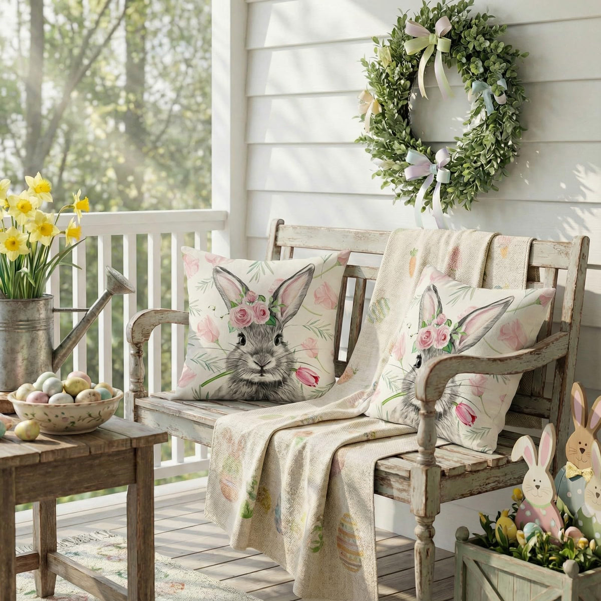 Waterproof Easter Pillow Covers Set of 2-18x18 Inch Farmhouse Decor with Bunny, Tulips