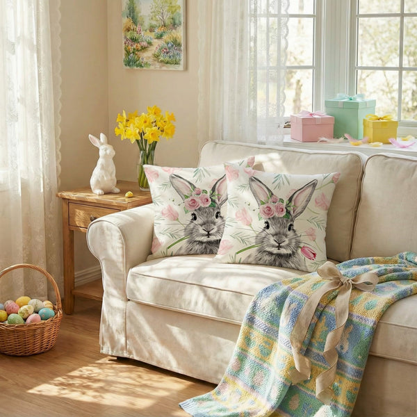 Waterproof Easter Pillow Covers Set of 2-18x18 Inch Farmhouse Decor with Bunny, Tulips