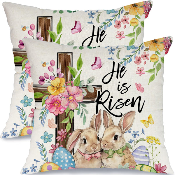 Outdoor Waterproof Easter Pillow Covers Set of 2-18x18 Inch Farmhouse Decor with Bunnies, Eggs, Floral