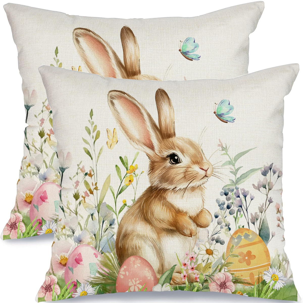 Outdoor Waterproof Easter Pillow Covers Set of 2-18x18 Inch Farmhouse Decor with Bunny, Eggs,Floral