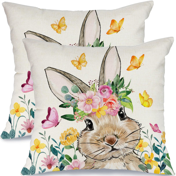 Waterproof Easter Pillow Covers Set of 2-18x18 Inch Farmhouse Decor with Bunny, Floral