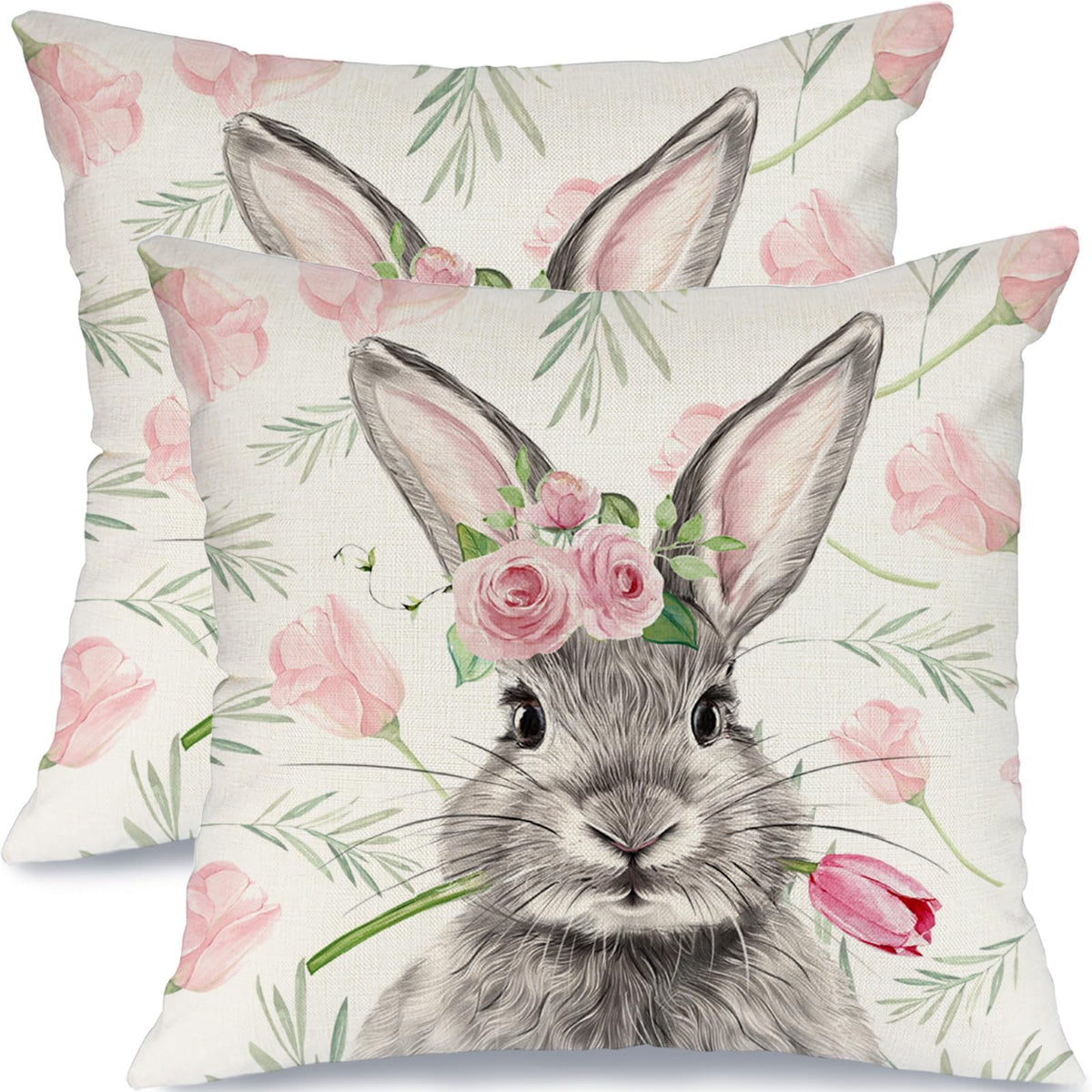 Waterproof Easter Pillow Covers Set of 2-18x18 Inch Farmhouse Decor with Bunny, Tulips