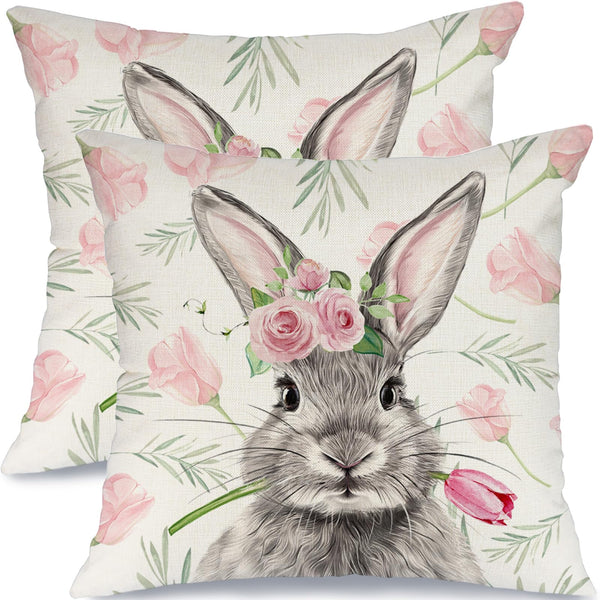 Waterproof Easter Pillow Covers Set of 2-18x18 Inch Farmhouse Decor with Bunny, Tulips