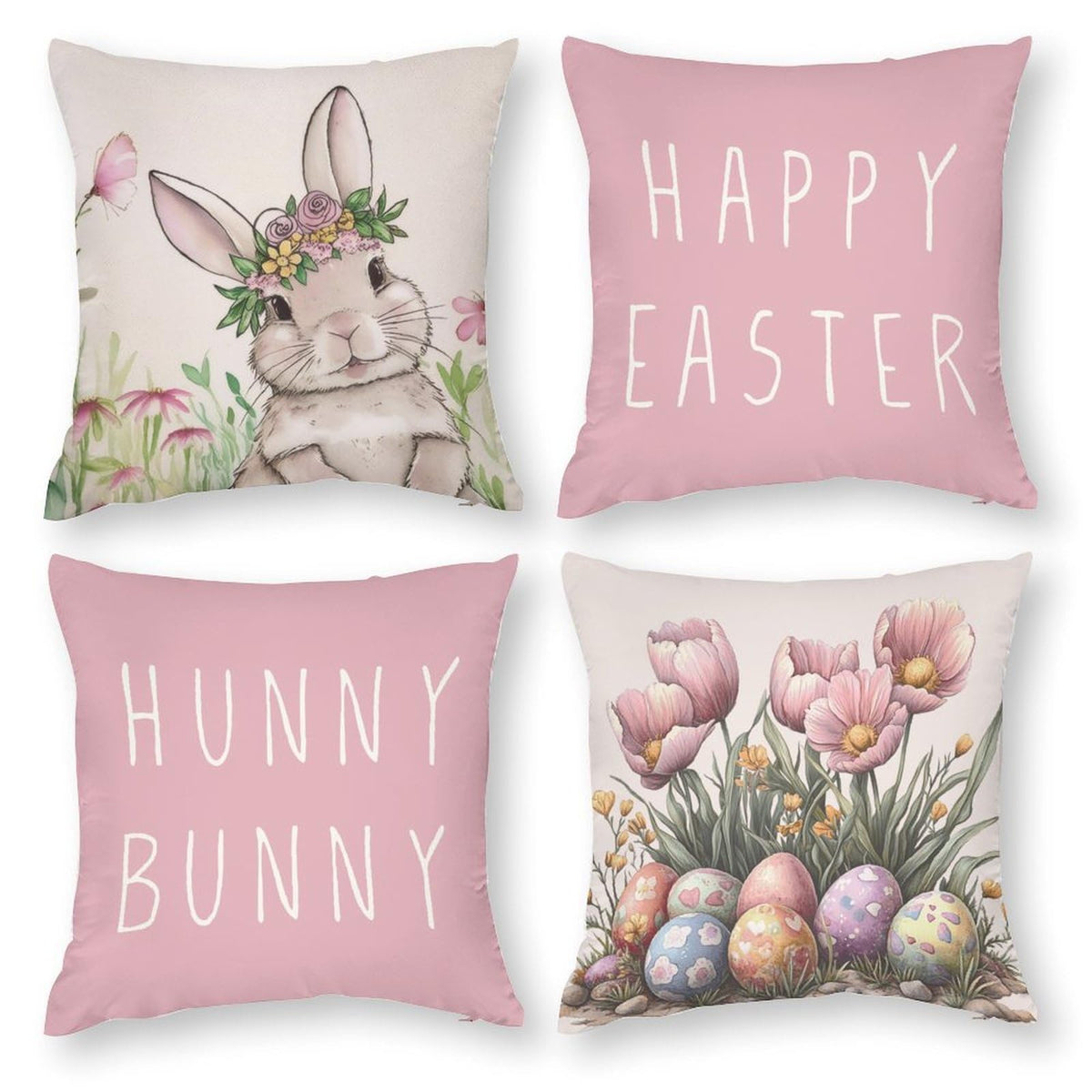 Waterproof Easter Spring Decorative Throw Pillow Covers Set of 4, Rustic Floral Bunny, 1-Side, Cotton Linen