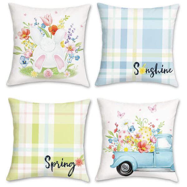 Easter Spring Flowers Pillow Covers 18 x 18 Inch Rabbit Bunny Floral Set of 4