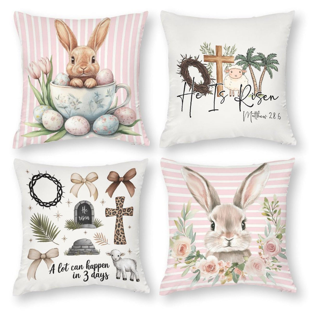 Waterproof Easter Throw Pillow Cases Set of 4, Chic Rabbits Carrot Flower, 1-Side, Cotton Linen