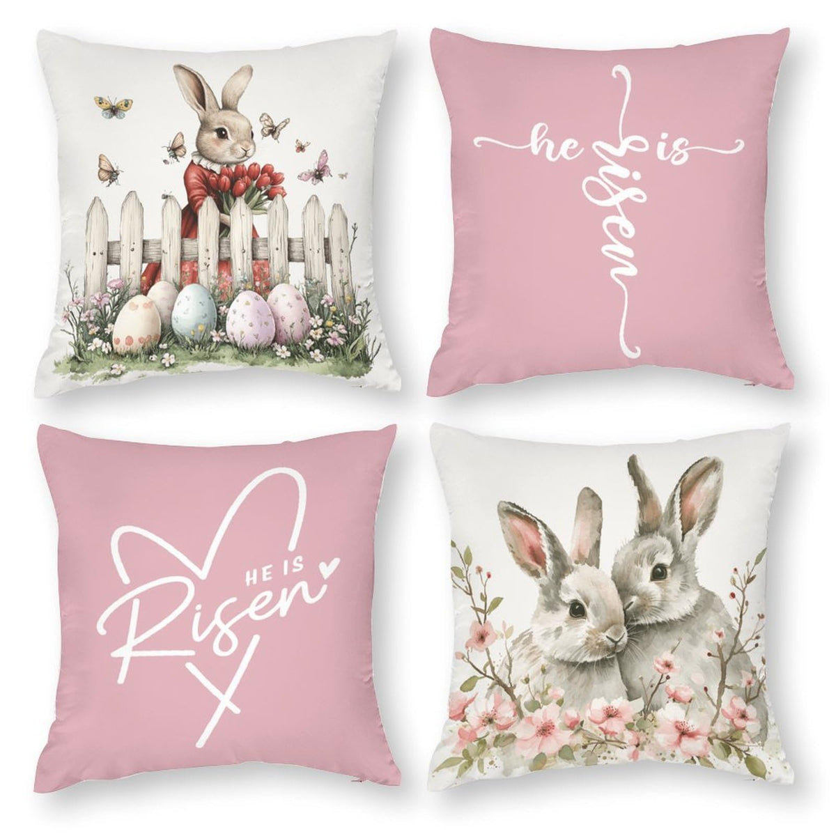 Waterproof Easter Throw Pillow Cases Set of 4 Easter Bunny Flowers Pink, 1-Side, Cotton Linen
