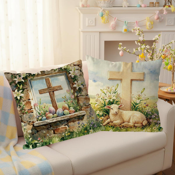 Easter Throw Pillow Covers 18X18 Inch Set of 4 Easter Decorations Religious Pillow Sheep Floral Pillowcase